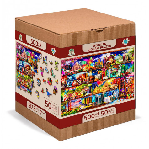 WOODEN CITY Dřevěné puzzle Police na knihy o cestování 2v1, 505 dílků EKO ~ 5