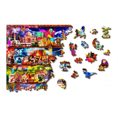 WOODEN CITY Dřevěné puzzle Police na knihy o cestování 2v1, 505 dílků EKO ~ 7