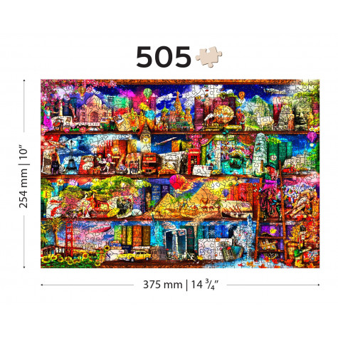 WOODEN CITY Dřevěné puzzle Police na knihy o cestování 2v1, 505 dílků EKO ~ 10