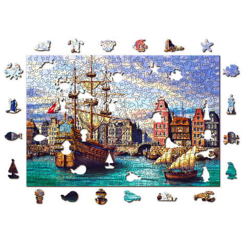 WOODEN CITY Dřevěné puzzle Staré lodě v přístavu 2v1, 505 dílků EKO