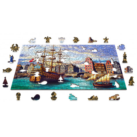 WOODEN CITY Dřevěné puzzle Staré lodě v přístavu 2v1, 505 dílků EKO