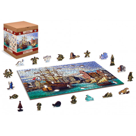 WOODEN CITY Dřevěné puzzle Staré lodě v přístavu 2v1, 505 dílků EKO