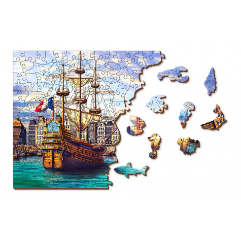 WOODEN CITY Dřevěné puzzle Staré lodě v přístavu 2v1, 505 dílků EKO