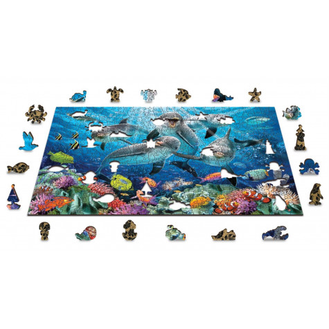 WOODEN CITY Dřevěné puzzle Šťastní delfíni 2v1, 505 dílků EKO ~ 3