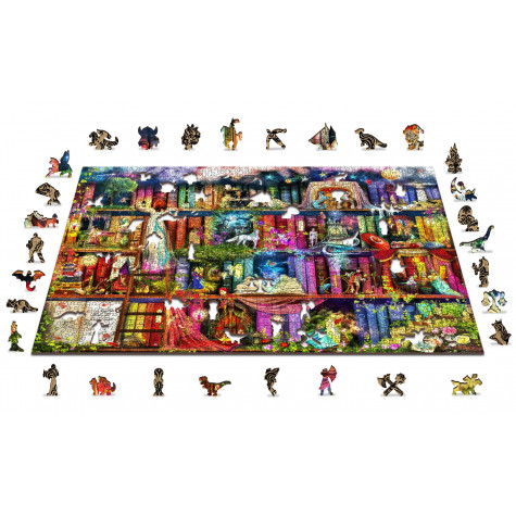 WOODEN CITY Dřevěné puzzle Police s knihami o hledání pokladu 2v1, 1010 dílků EKO ~ 5
