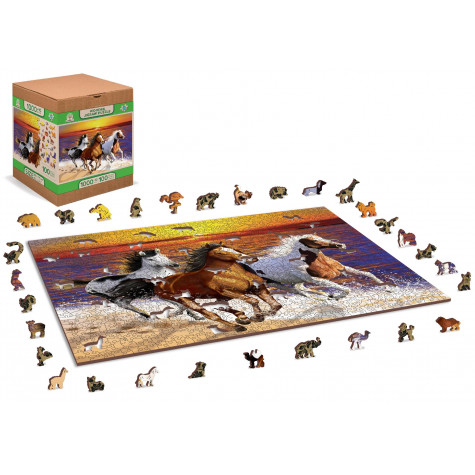 WOODEN CITY Dřevěné puzzle Divocí koně na pláži 2v1, 1010 dílků EKO ~ 4