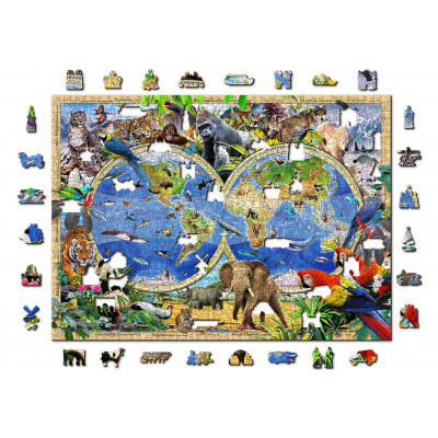 WOODEN CITY Dřevěné puzzle Mapa Říše zvířat 2v1, 1010 dílků EKO