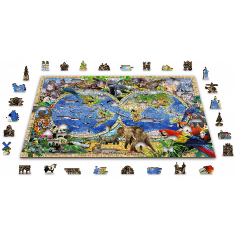 WOODEN CITY Dřevěné puzzle Mapa Říše zvířat 2v1, 1010 dílků EKO ~ 3