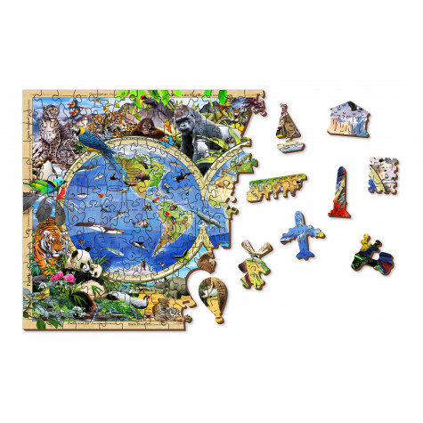 WOODEN CITY Dřevěné puzzle Mapa Říše zvířat 2v1, 1010 dílků EKO