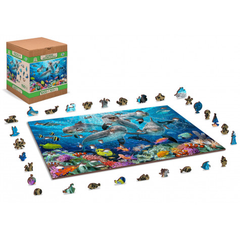 WOODEN CITY Dřevěné puzzle Šťastní delfíni 2v1, 1010 dílků EKO ~ 4