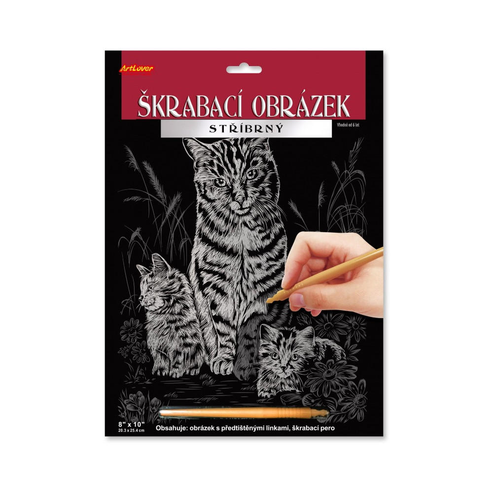 Škrabací obrázek stříbrný 20x25 cm - Kočka s koťaty
