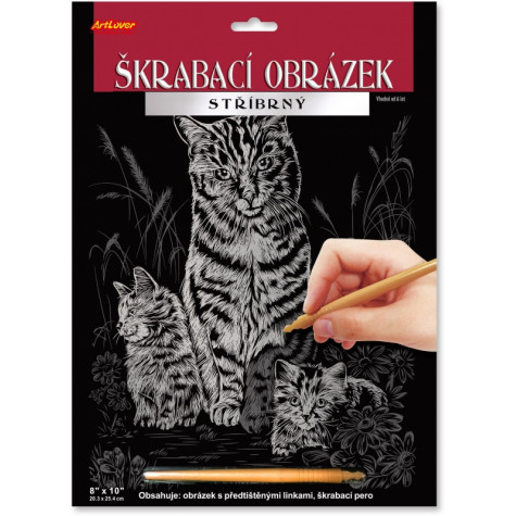 Škrabací obrázek stříbrný 20x25 cm - Kočka s koťaty