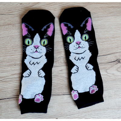 Veselé ponožky s kočičkou - černé - vel. uni