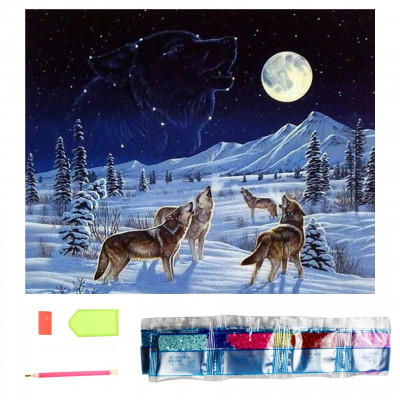 Diamantový obrázek malování 30x40cm - Smečka vlků v zimě