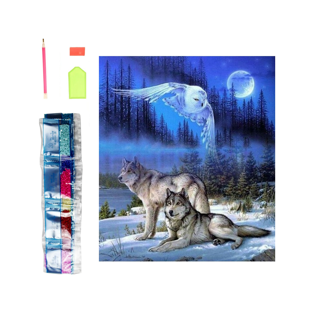 Diamantový obrázek malování 30x40cm - Vlci a sova