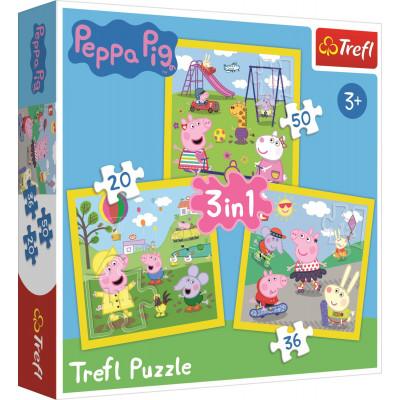Trefl Puzzle 3v1 Prasátko Peppa/Peppa Pig Šťastný den prasátka 20, 36, 50 dílků