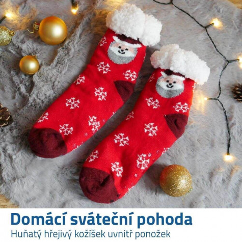 Vánoční hřejivé ponožky s kožíškem - Santa a vločky - vel. uni