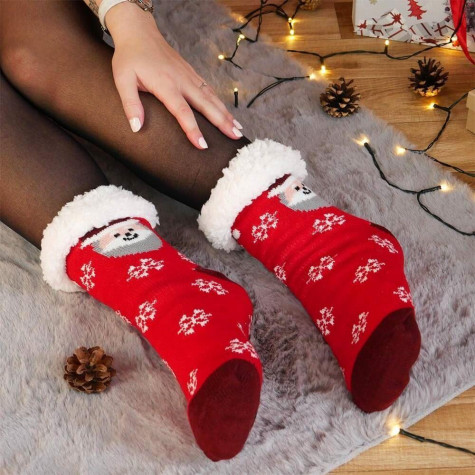 Vánoční hřejivé ponožky s kožíškem - Santa a vločky - vel. uni ~ 6