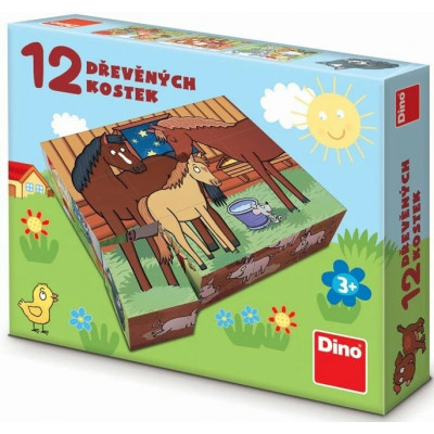Dino Dřevěné licenční kostky 12 ks - Domácí zvířátka