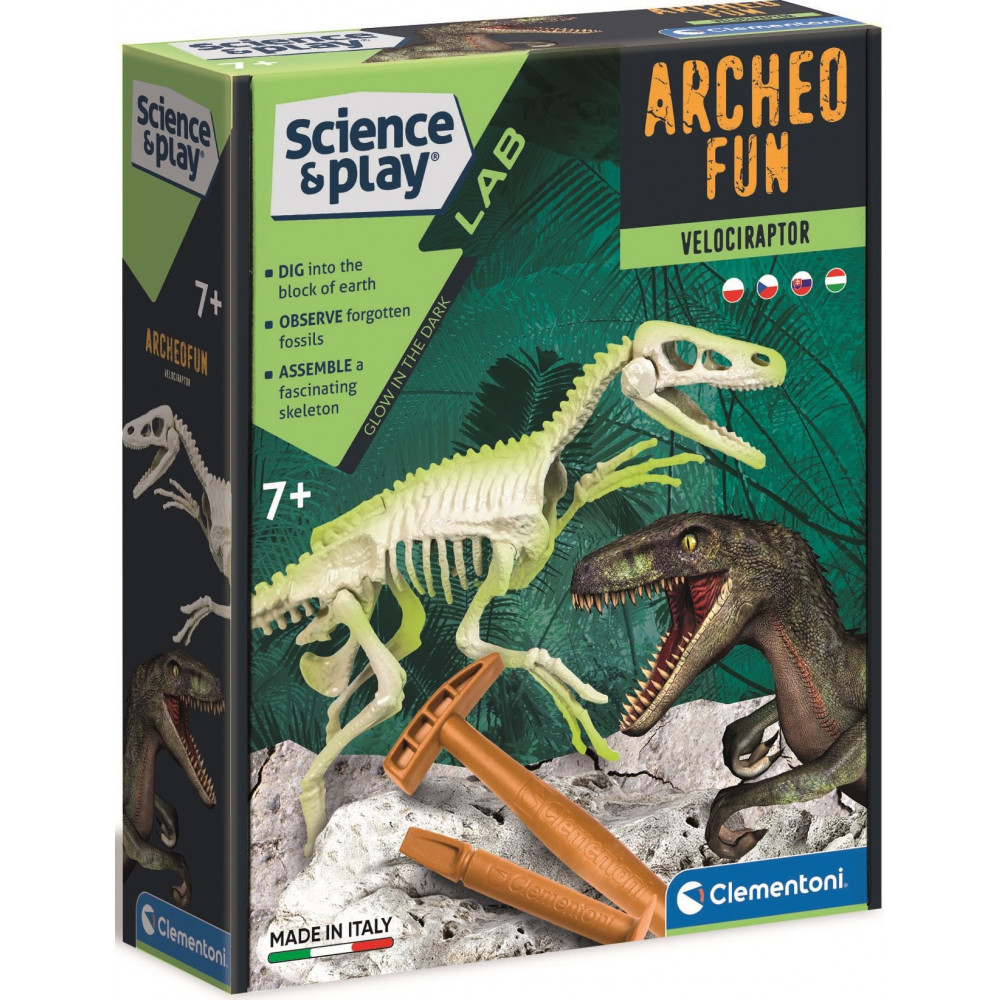 CLEMENTONI Science&Play ArcheoFun: Velociraptor (svítící ve tmě)